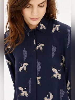 T Tahari Navy Crane-Print Button Front Blouse